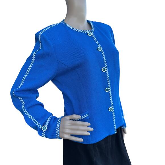 St. John 8 Santana Knit Jacket Cobalt Blue White Stitching Cardigan Blazer - Picture 4 of 11